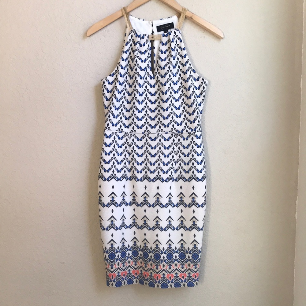Jessica Simpson Ivory Halter Mini Dress with Navy & Coral Geometric Pattern